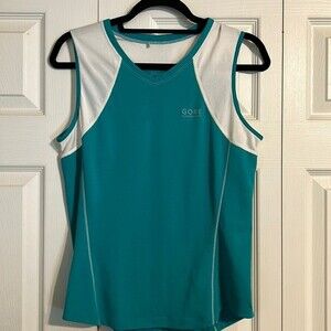 GORE Running Wear Size Large Green White Wicking Tanktop V-Neck Athletic Workout